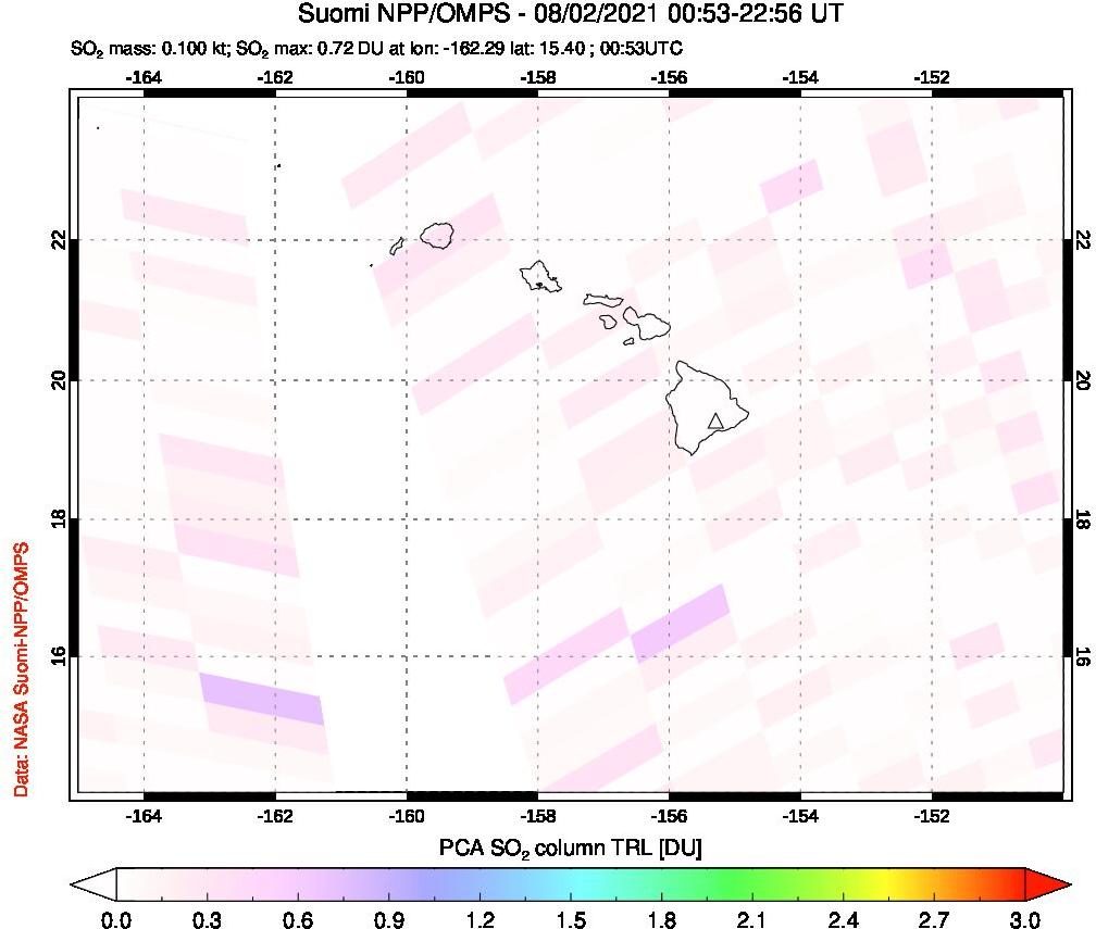 A sulfur dioxide image over Hawaii, USA on Aug 02, 2021.