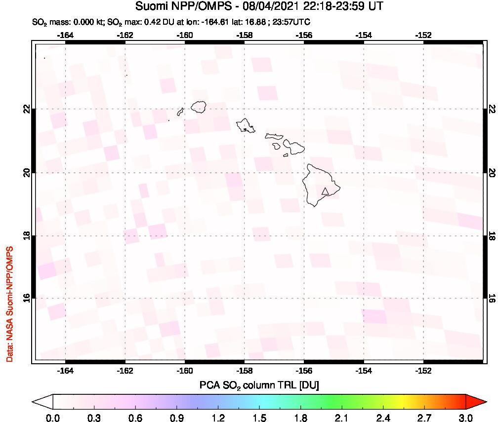 A sulfur dioxide image over Hawaii, USA on Aug 04, 2021.