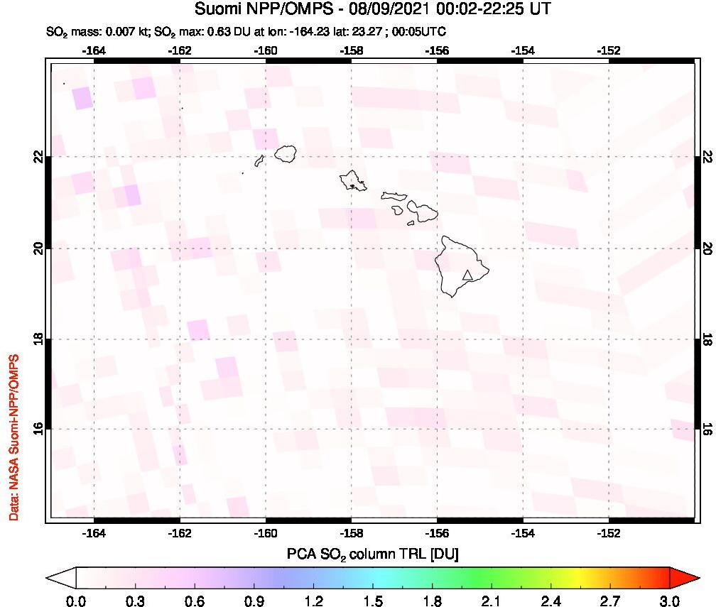 A sulfur dioxide image over Hawaii, USA on Aug 09, 2021.