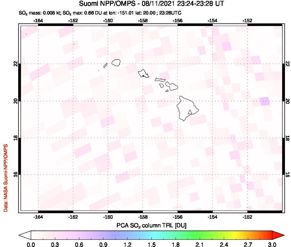 A sulfur dioxide image over Hawaii, USA on Aug 11, 2021.