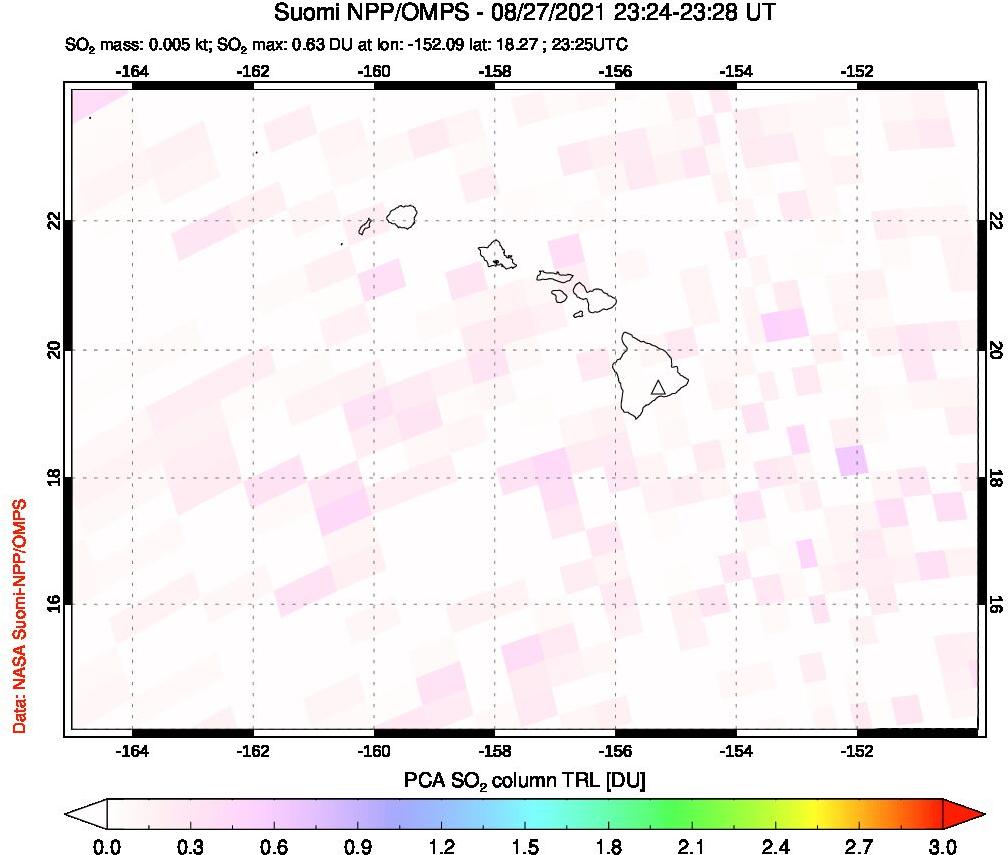 A sulfur dioxide image over Hawaii, USA on Aug 27, 2021.