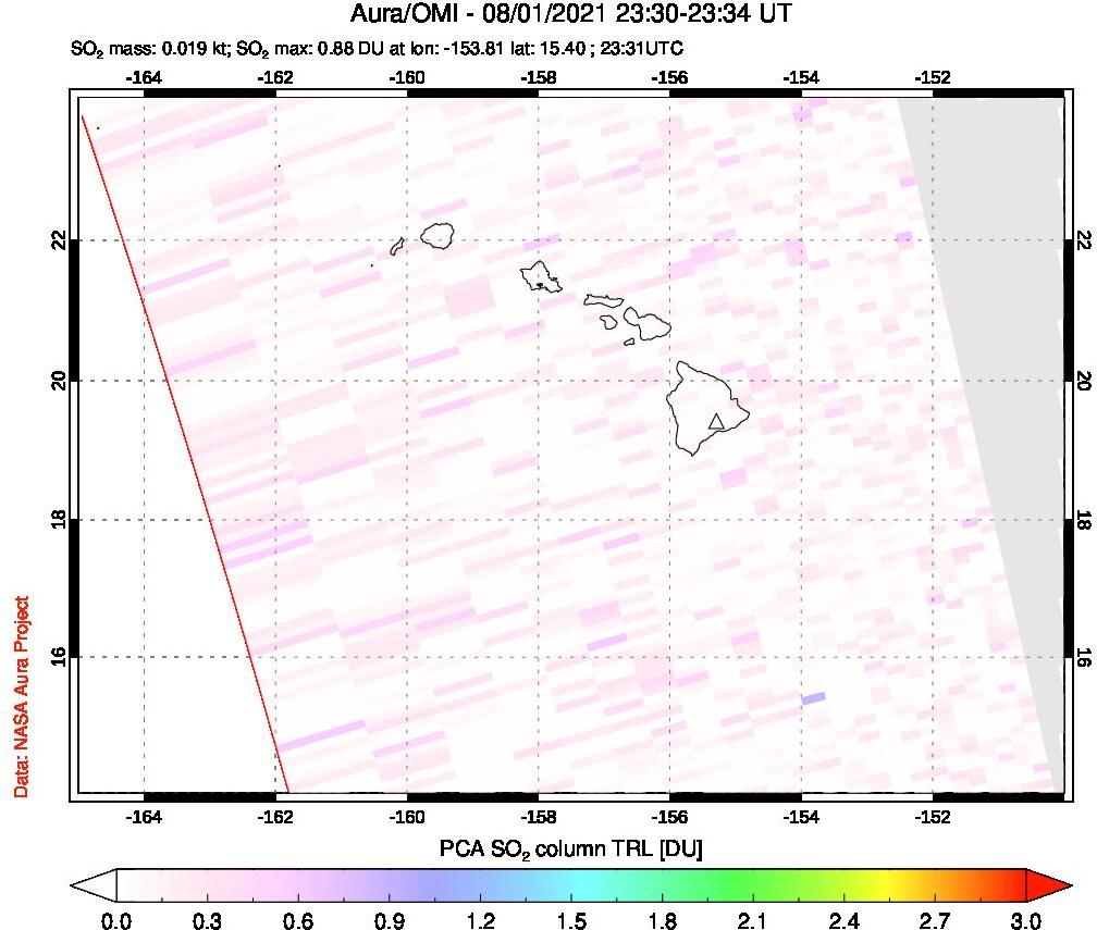 A sulfur dioxide image over Hawaii, USA on Aug 01, 2021.