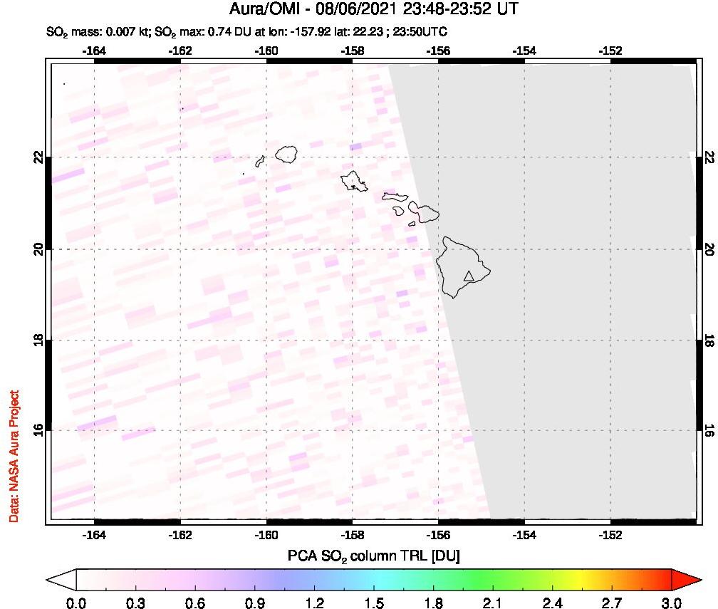 A sulfur dioxide image over Hawaii, USA on Aug 06, 2021.