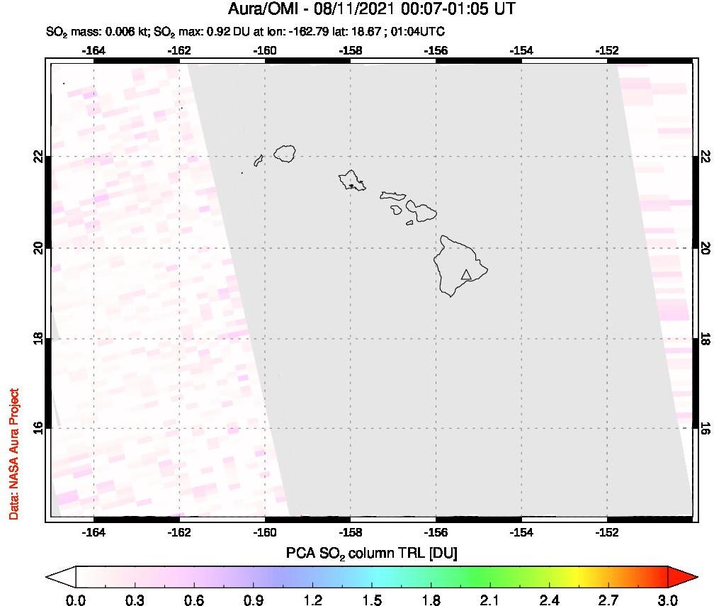 A sulfur dioxide image over Hawaii, USA on Aug 11, 2021.
