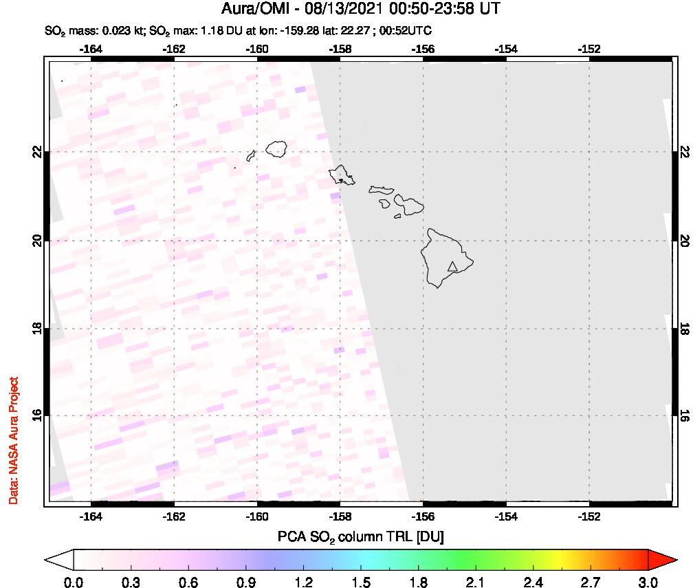 A sulfur dioxide image over Hawaii, USA on Aug 13, 2021.