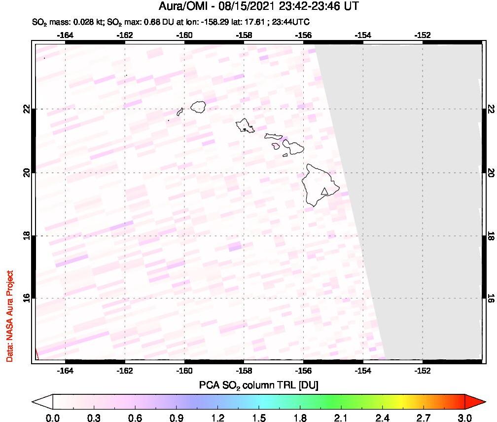 A sulfur dioxide image over Hawaii, USA on Aug 15, 2021.