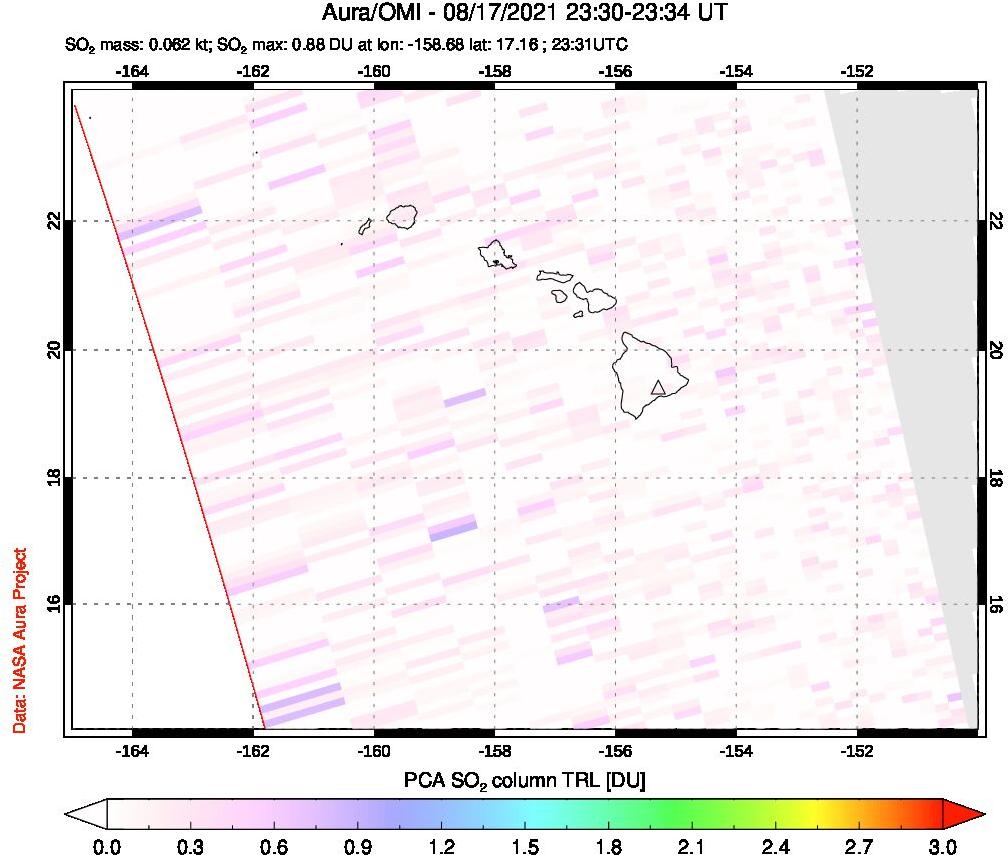 A sulfur dioxide image over Hawaii, USA on Aug 17, 2021.