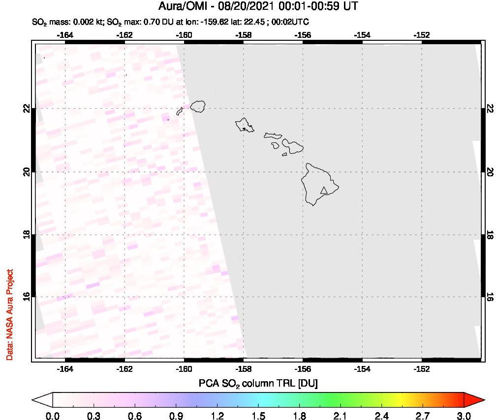 A sulfur dioxide image over Hawaii, USA on Aug 20, 2021.