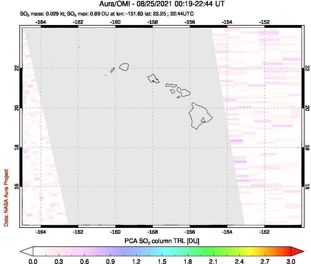 A sulfur dioxide image over Hawaii, USA on Aug 25, 2021.