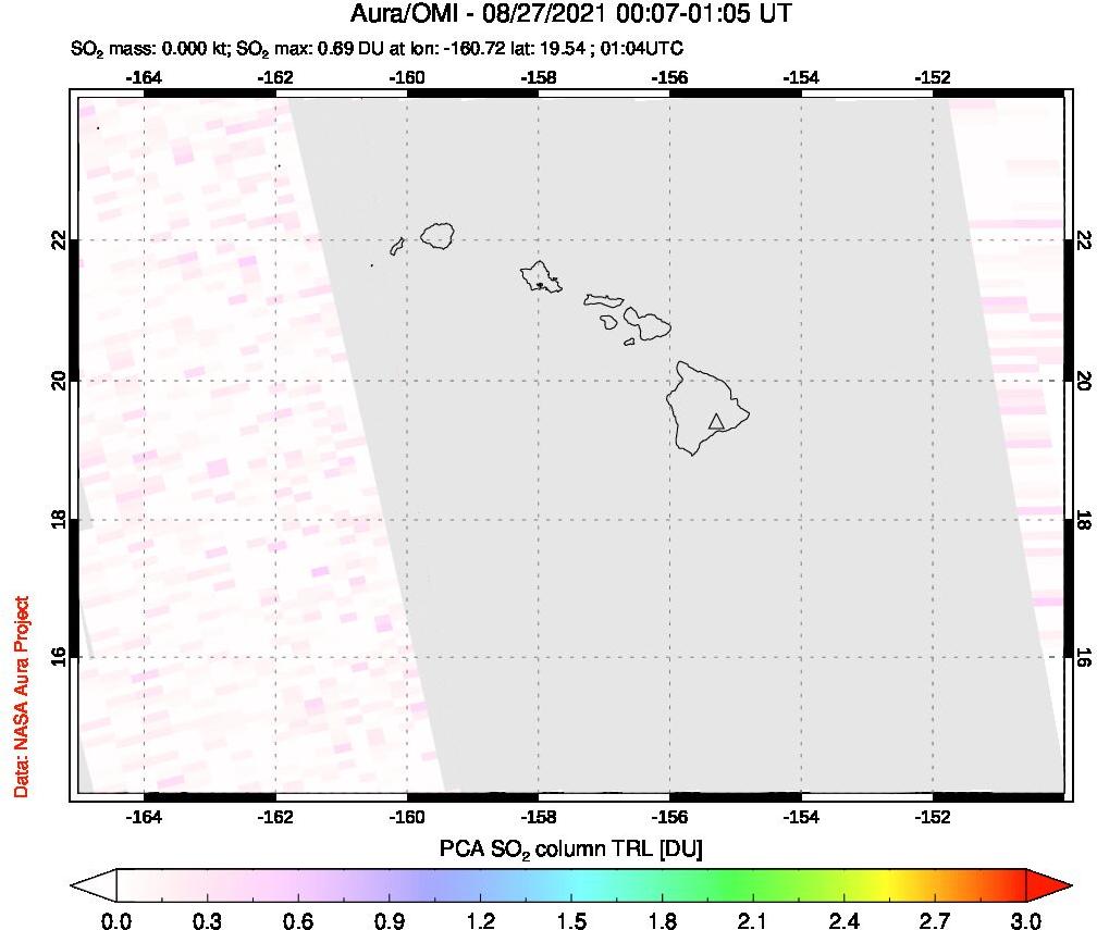 A sulfur dioxide image over Hawaii, USA on Aug 27, 2021.