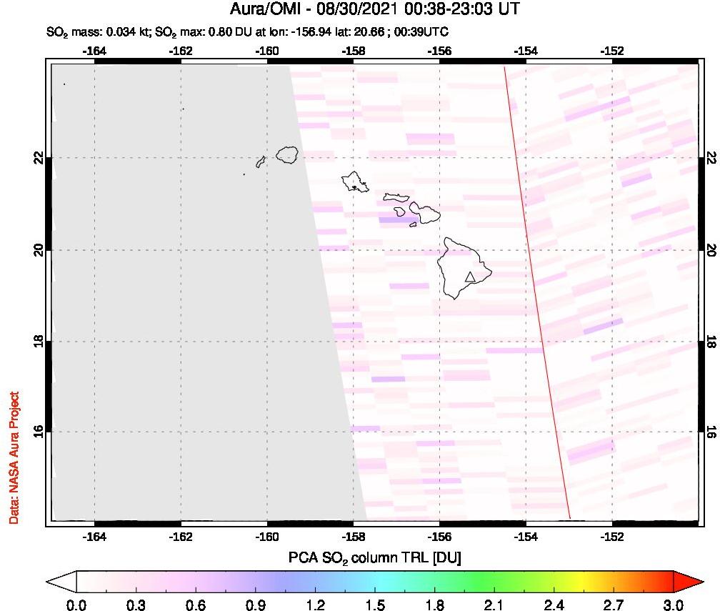 A sulfur dioxide image over Hawaii, USA on Aug 30, 2021.