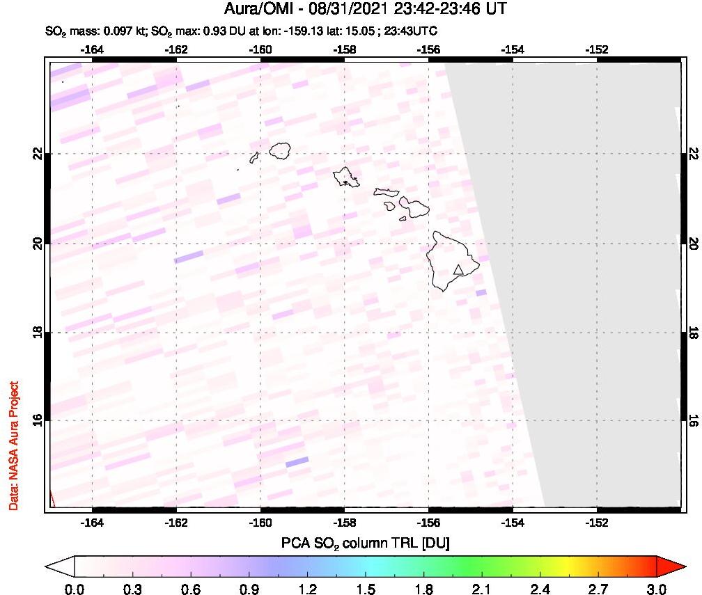 A sulfur dioxide image over Hawaii, USA on Aug 31, 2021.