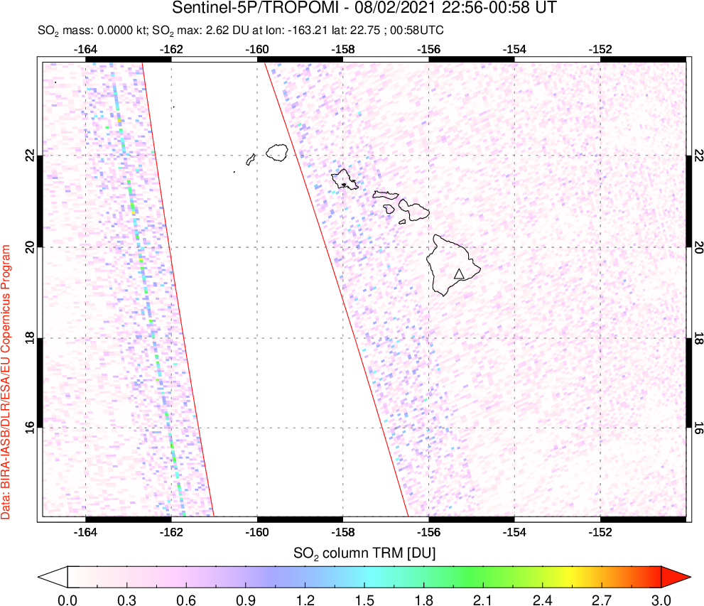 A sulfur dioxide image over Hawaii, USA on Aug 02, 2021.