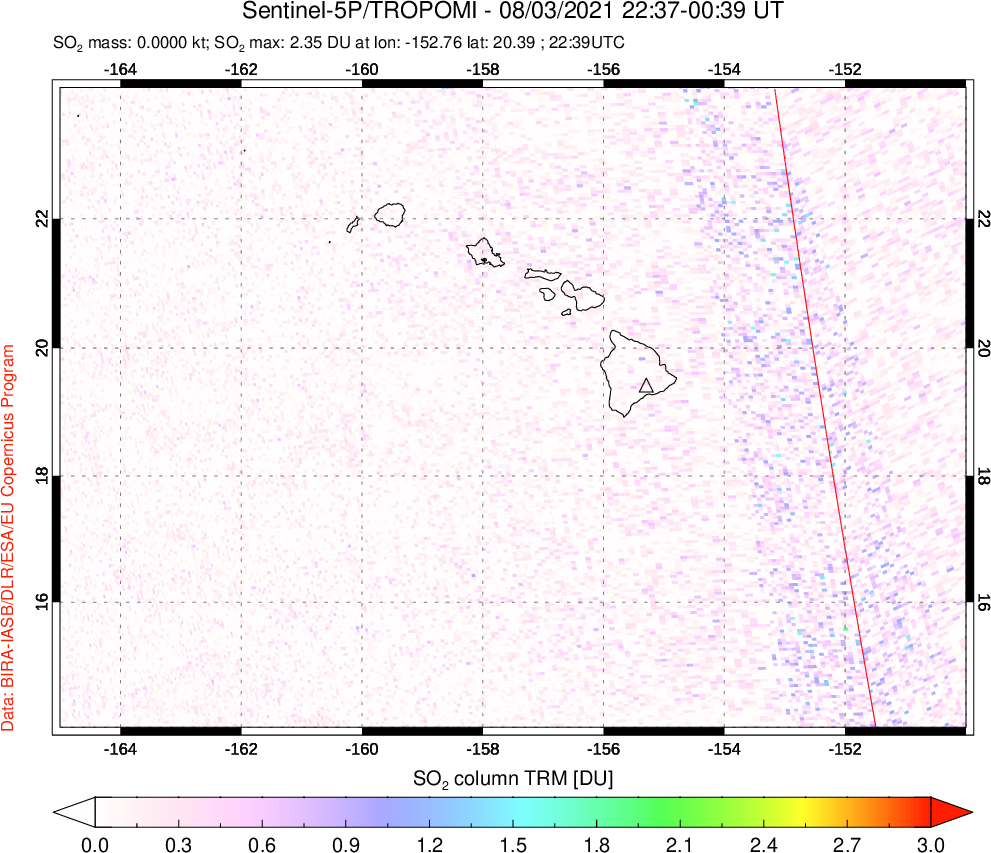 A sulfur dioxide image over Hawaii, USA on Aug 03, 2021.