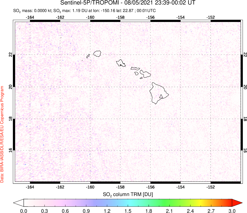 A sulfur dioxide image over Hawaii, USA on Aug 05, 2021.