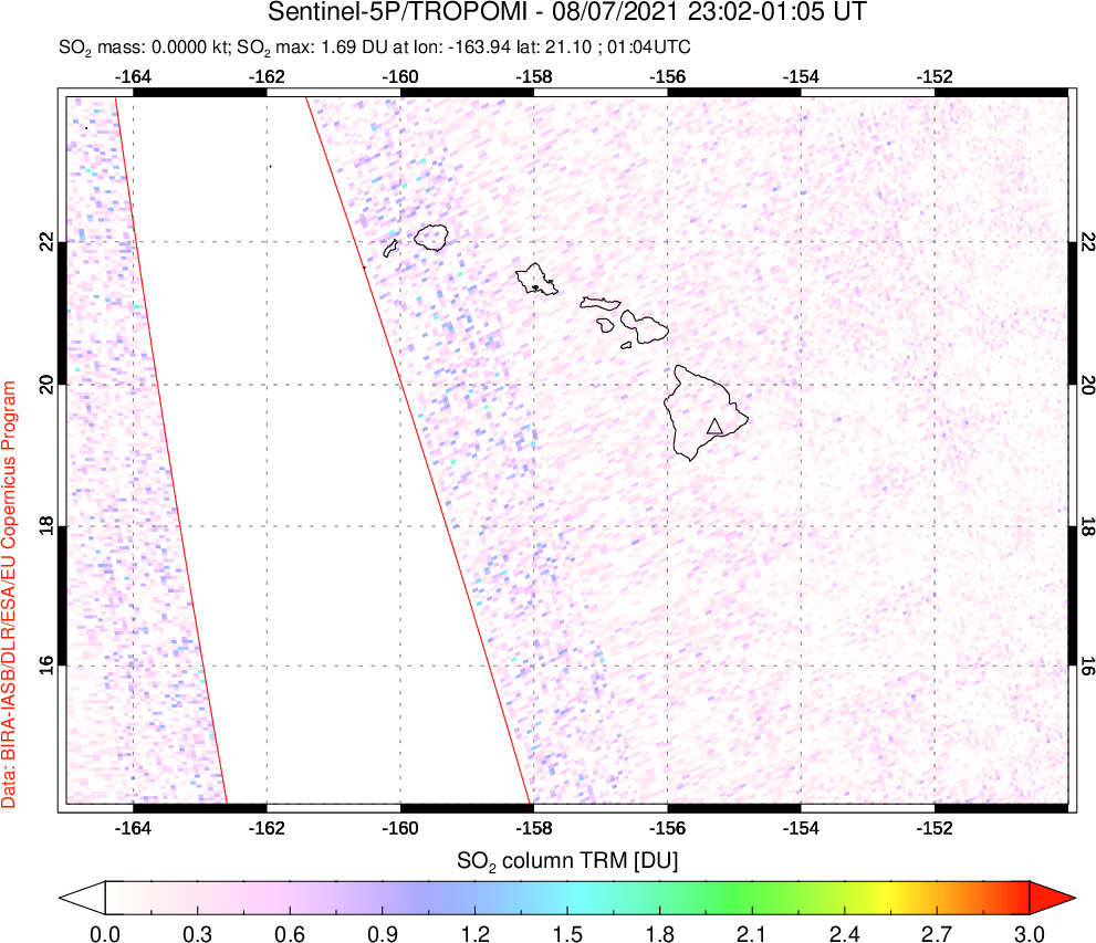 A sulfur dioxide image over Hawaii, USA on Aug 07, 2021.