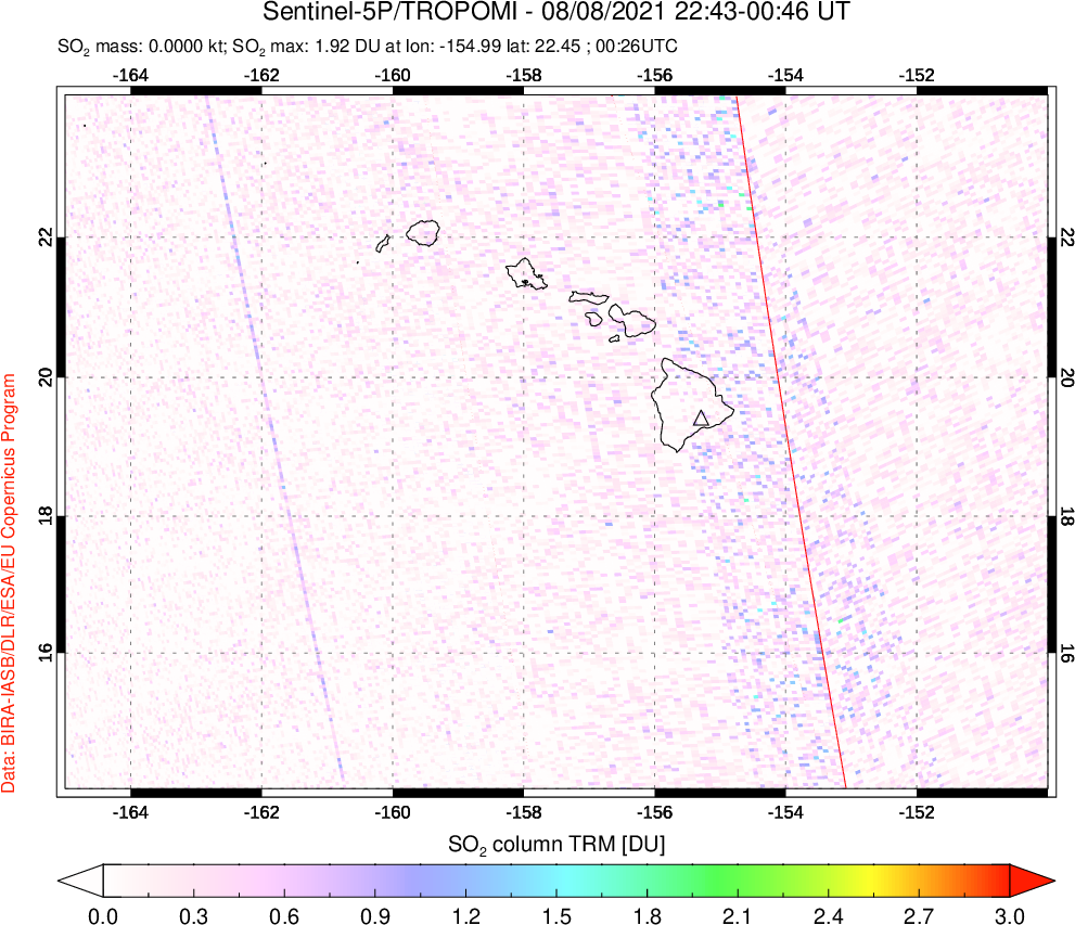 A sulfur dioxide image over Hawaii, USA on Aug 08, 2021.