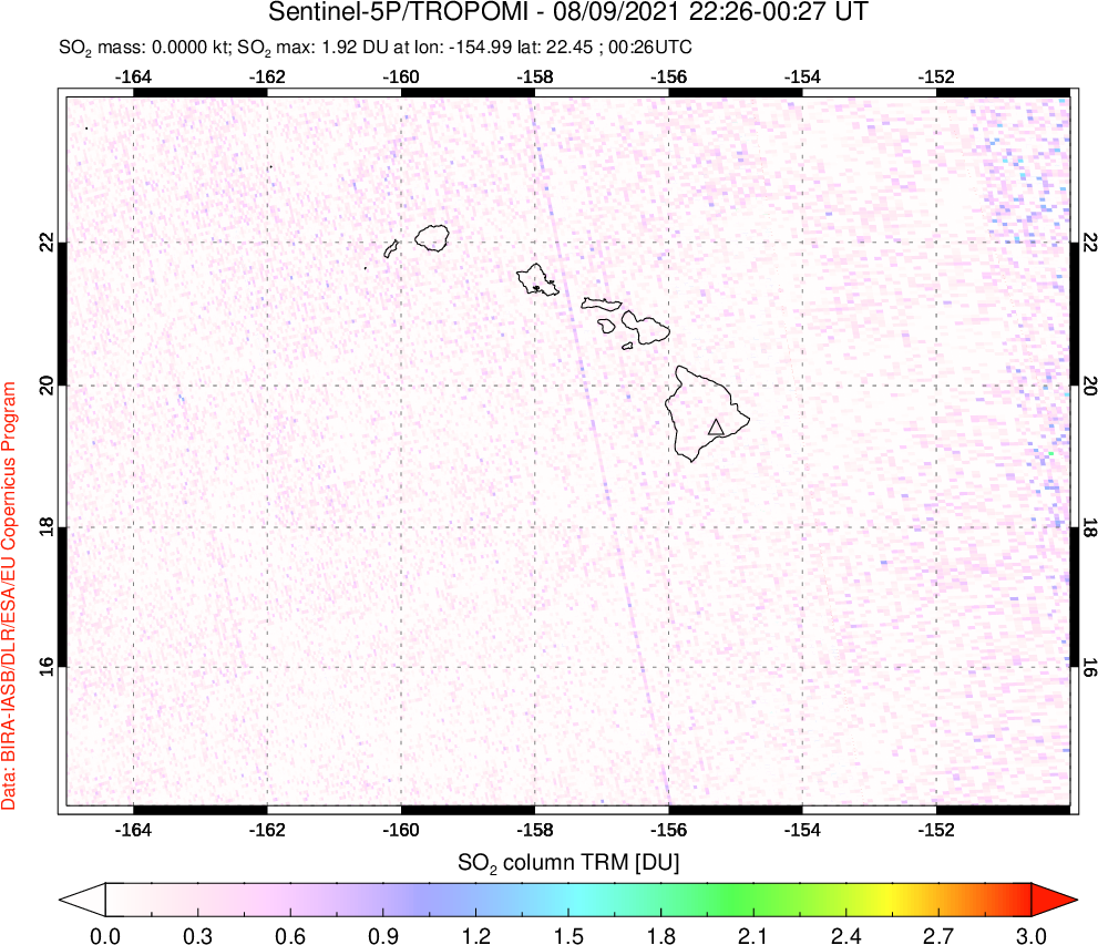 A sulfur dioxide image over Hawaii, USA on Aug 09, 2021.
