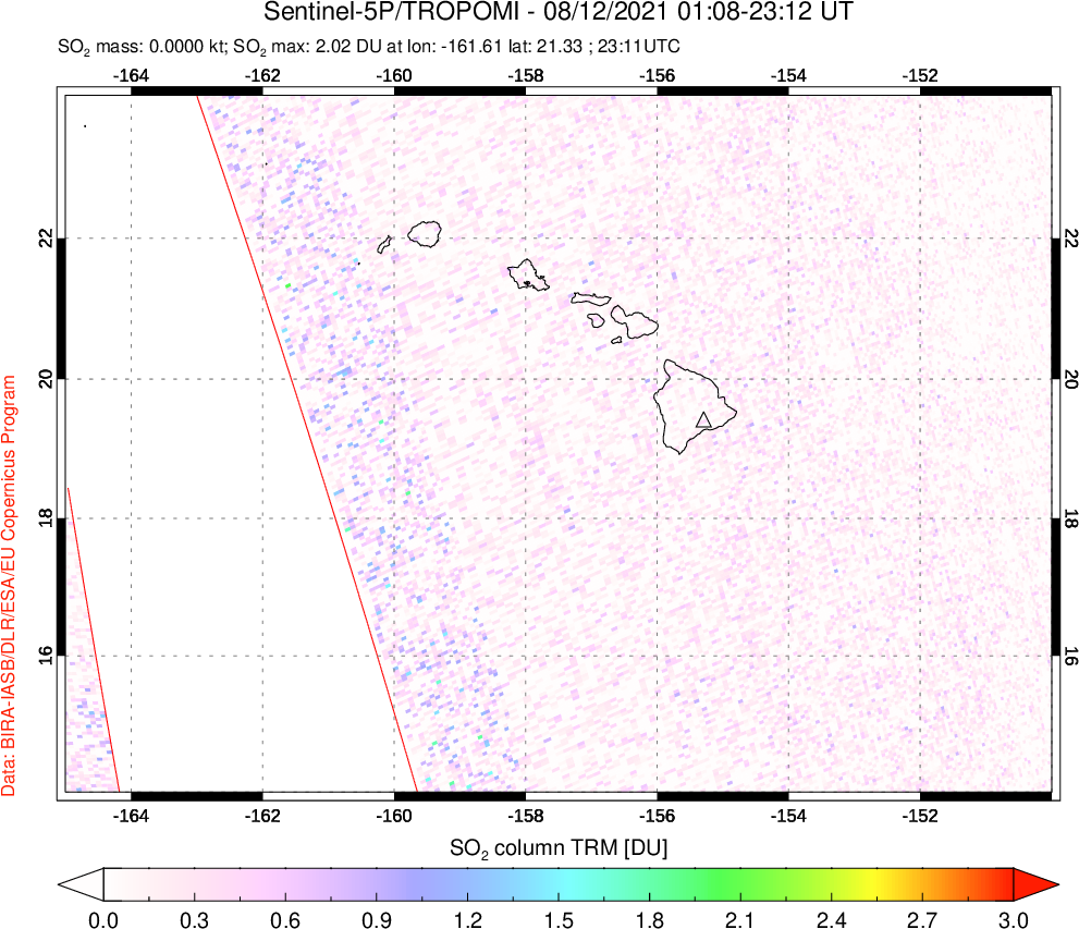 A sulfur dioxide image over Hawaii, USA on Aug 12, 2021.