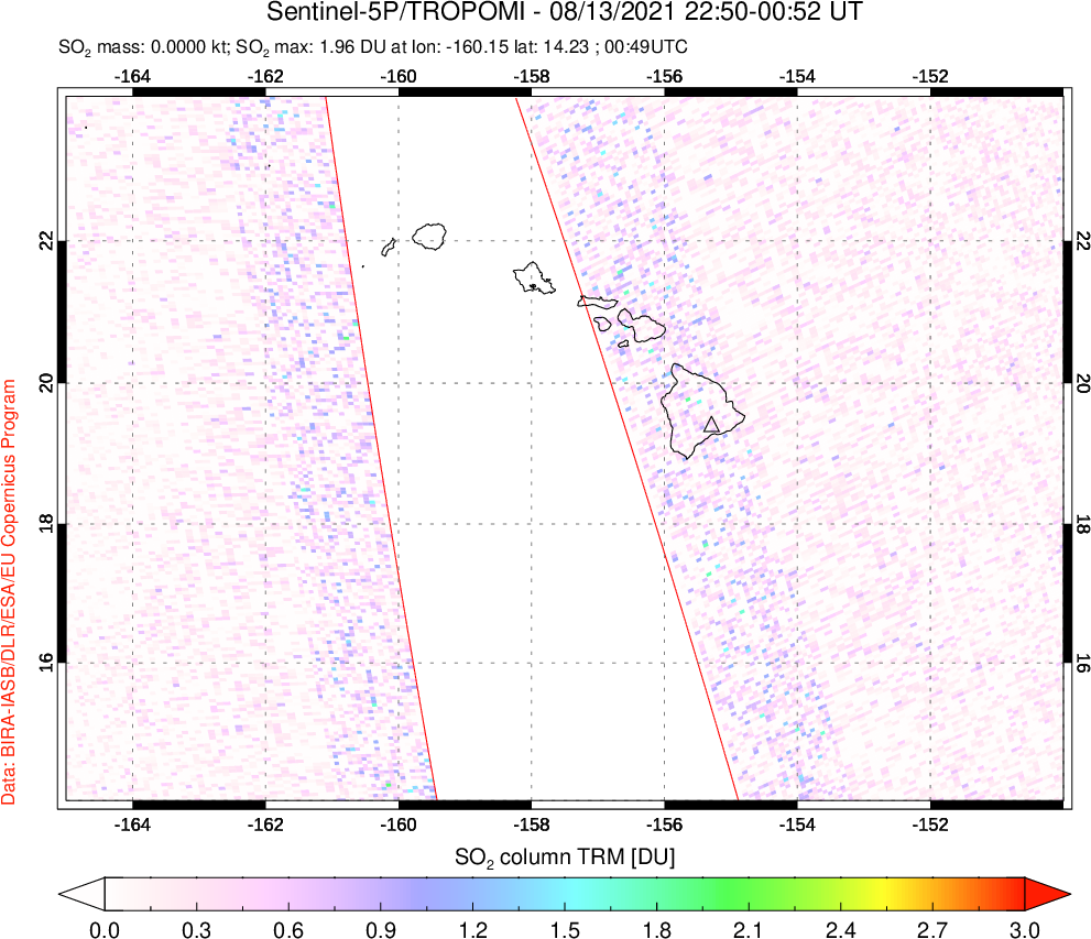 A sulfur dioxide image over Hawaii, USA on Aug 13, 2021.