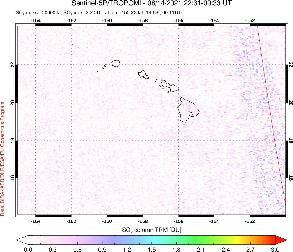 A sulfur dioxide image over Hawaii, USA on Aug 14, 2021.