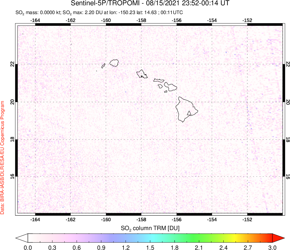 A sulfur dioxide image over Hawaii, USA on Aug 15, 2021.