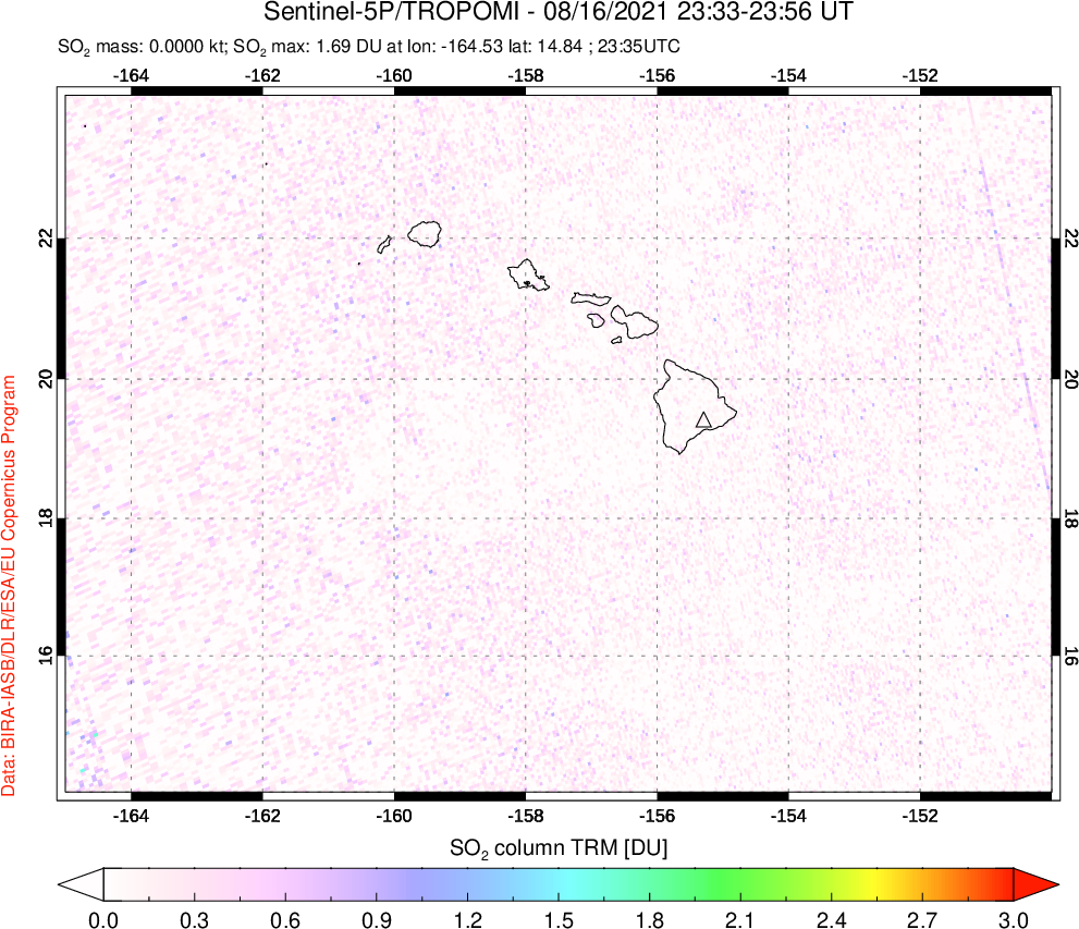 A sulfur dioxide image over Hawaii, USA on Aug 16, 2021.