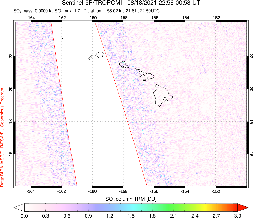 A sulfur dioxide image over Hawaii, USA on Aug 18, 2021.