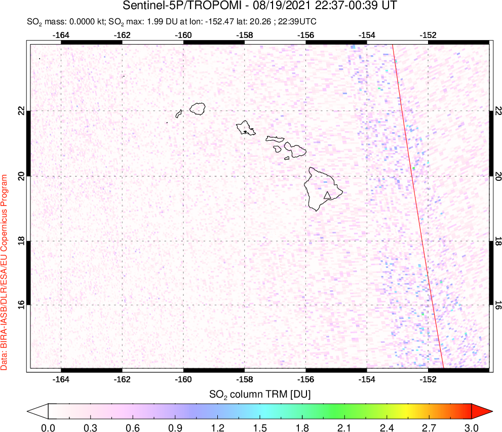A sulfur dioxide image over Hawaii, USA on Aug 19, 2021.