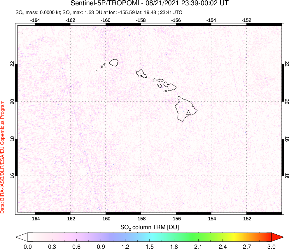 A sulfur dioxide image over Hawaii, USA on Aug 21, 2021.