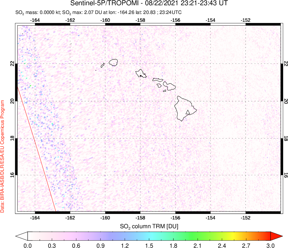 A sulfur dioxide image over Hawaii, USA on Aug 22, 2021.