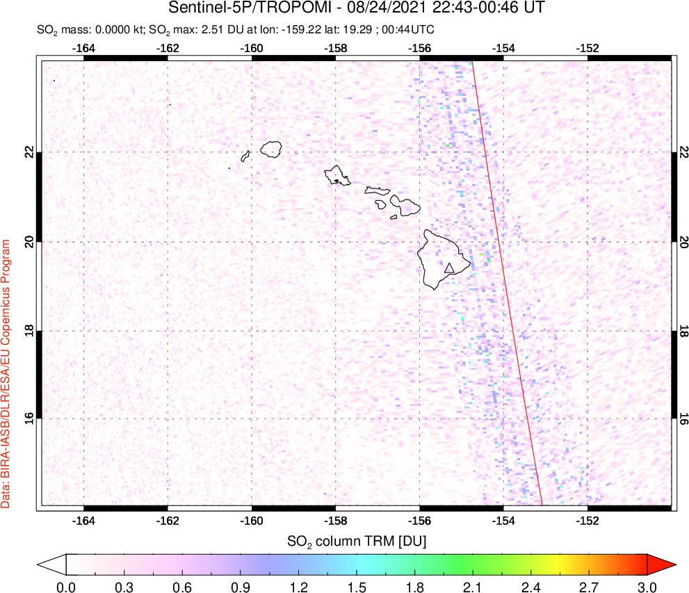 A sulfur dioxide image over Hawaii, USA on Aug 24, 2021.