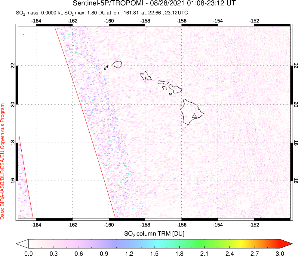 A sulfur dioxide image over Hawaii, USA on Aug 28, 2021.