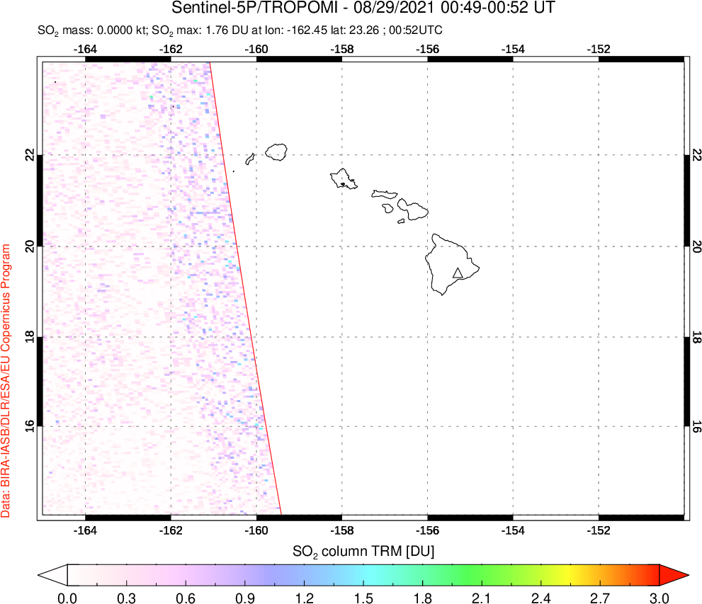 A sulfur dioxide image over Hawaii, USA on Aug 29, 2021.