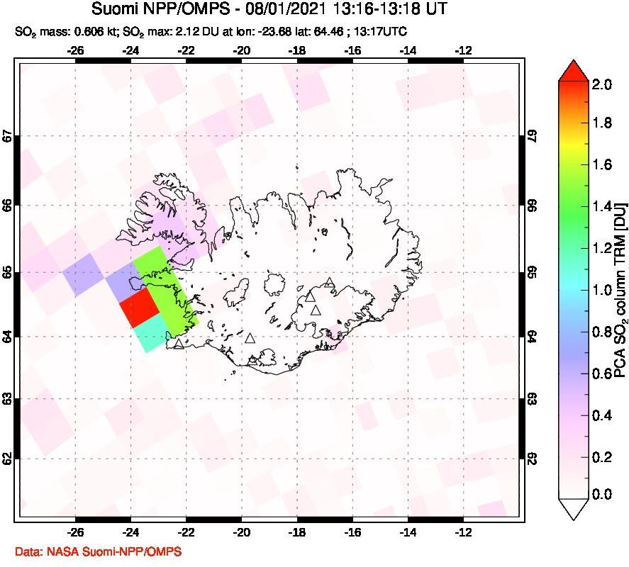 A sulfur dioxide image over Iceland on Aug 01, 2021.
