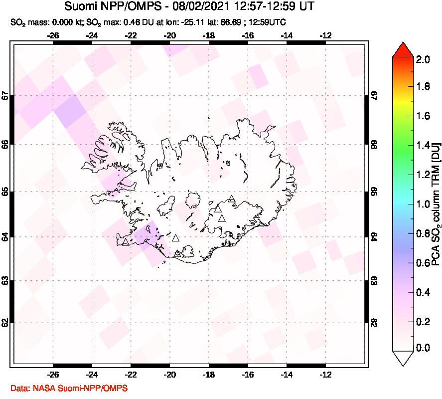 A sulfur dioxide image over Iceland on Aug 02, 2021.
