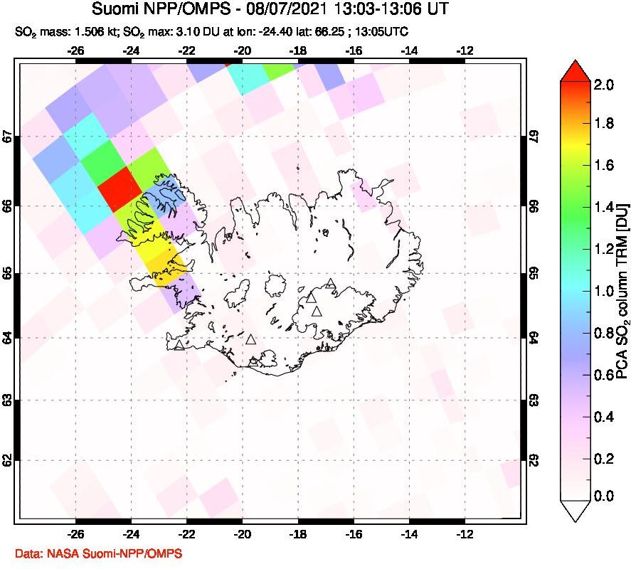 A sulfur dioxide image over Iceland on Aug 07, 2021.