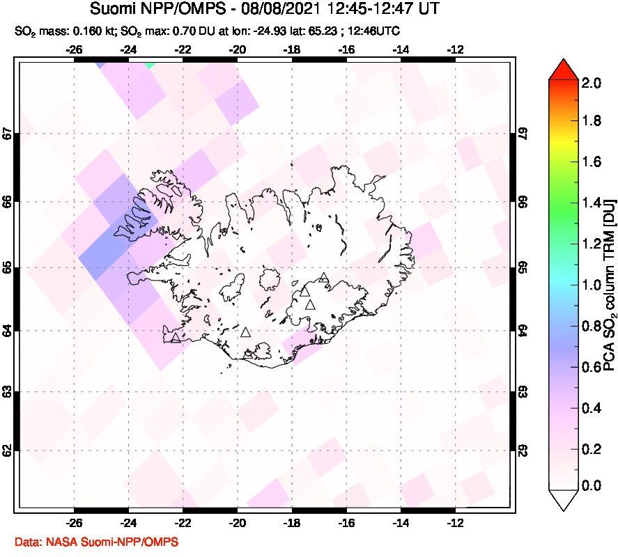 A sulfur dioxide image over Iceland on Aug 08, 2021.