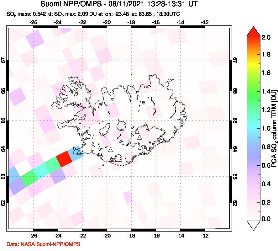 A sulfur dioxide image over Iceland on Aug 11, 2021.