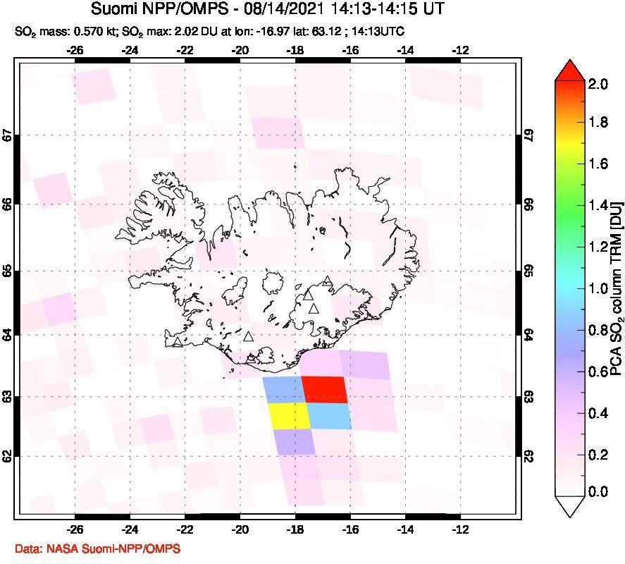 A sulfur dioxide image over Iceland on Aug 14, 2021.