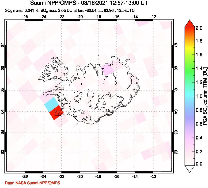 A sulfur dioxide image over Iceland on Aug 18, 2021.