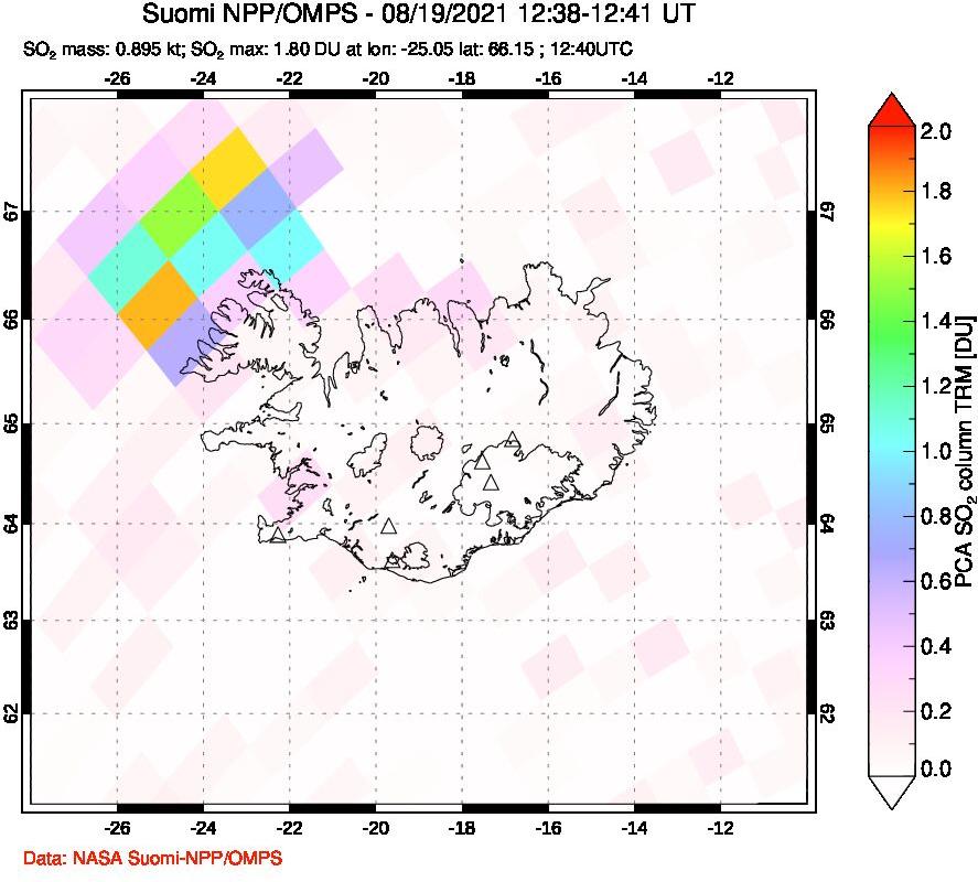 A sulfur dioxide image over Iceland on Aug 19, 2021.