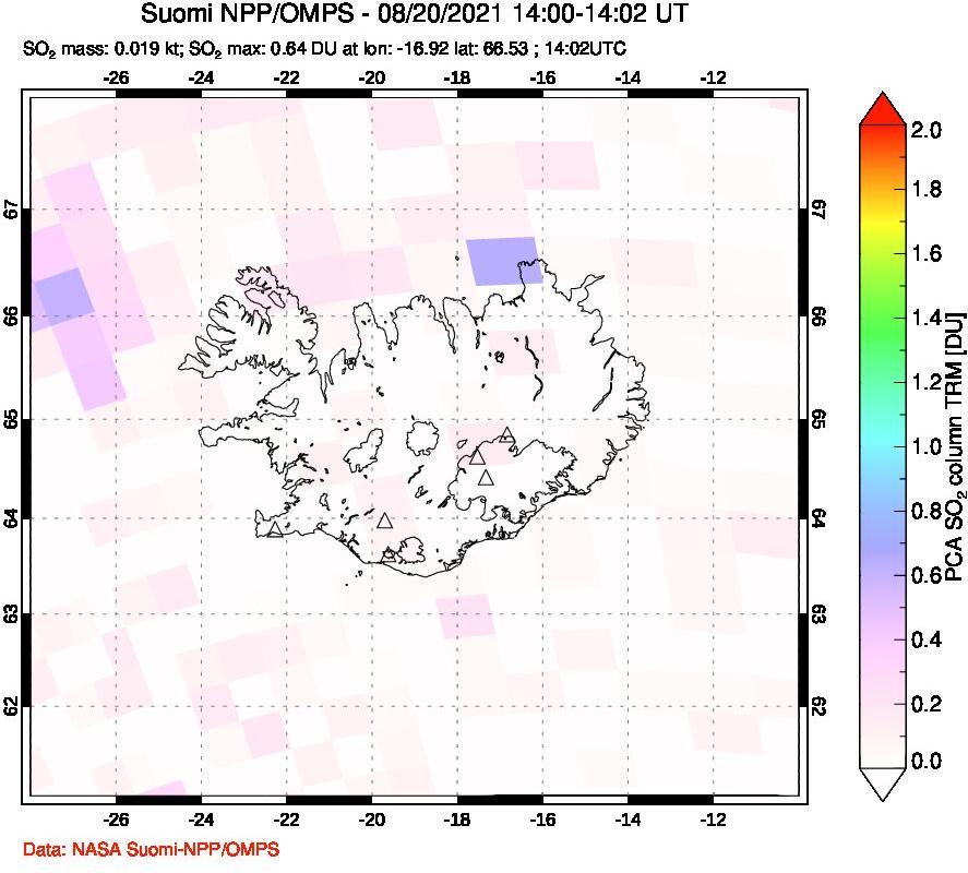 A sulfur dioxide image over Iceland on Aug 20, 2021.