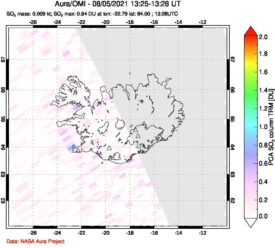 A sulfur dioxide image over Iceland on Aug 05, 2021.