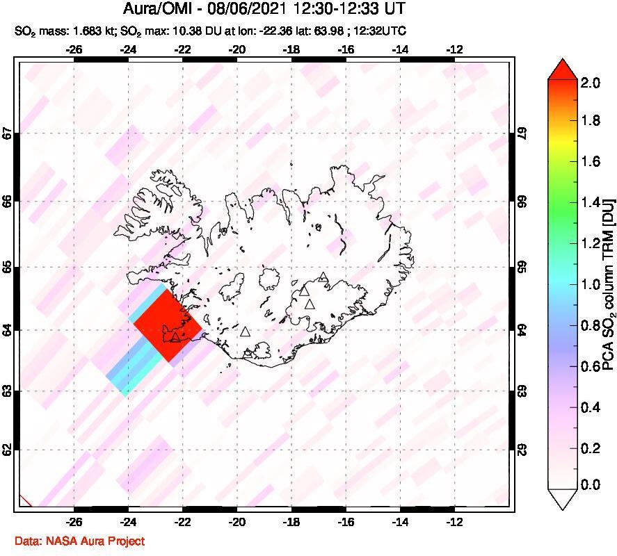 A sulfur dioxide image over Iceland on Aug 06, 2021.