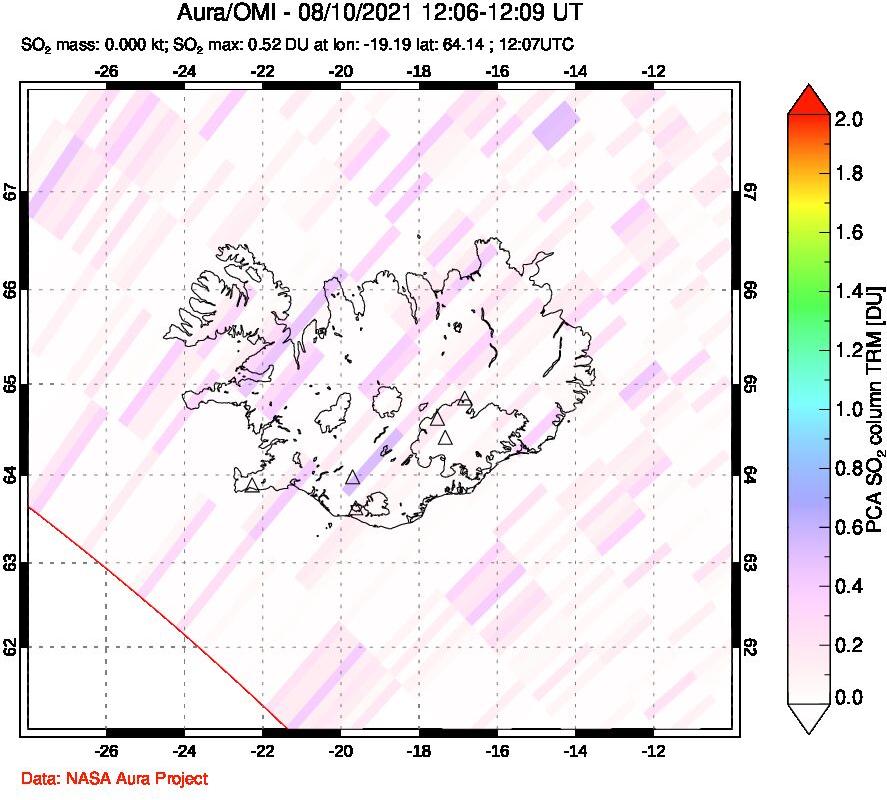A sulfur dioxide image over Iceland on Aug 10, 2021.