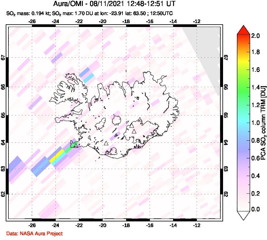 A sulfur dioxide image over Iceland on Aug 11, 2021.