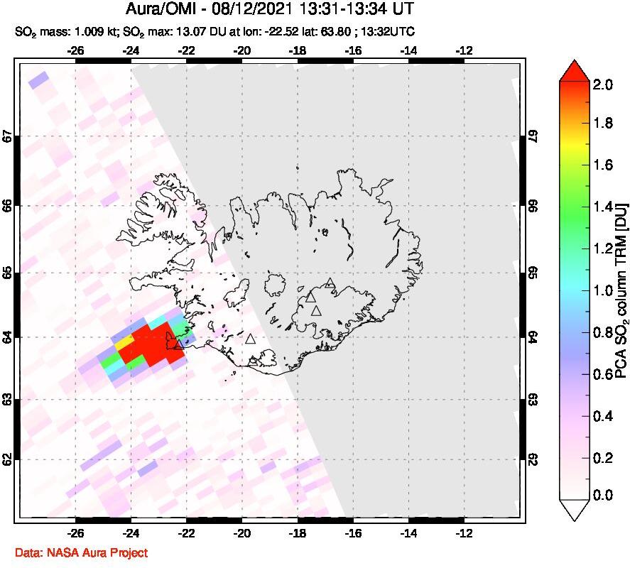 A sulfur dioxide image over Iceland on Aug 12, 2021.
