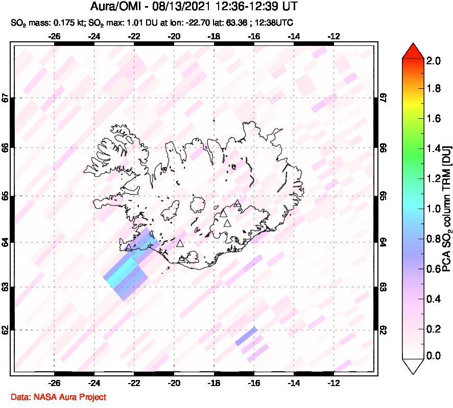 A sulfur dioxide image over Iceland on Aug 13, 2021.