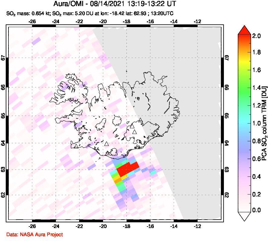 A sulfur dioxide image over Iceland on Aug 14, 2021.